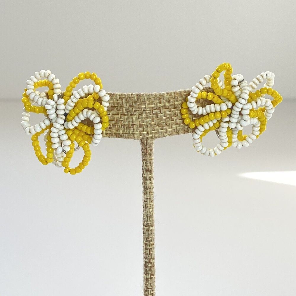 Vintage Yellow White Seed Bead Earrings Abstract Butterfly‎ Flower Screw Back